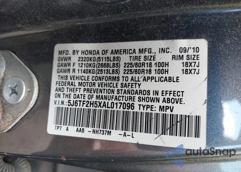 2010 Honda Accord Crosstour Ex-L из США, поврежденный, VIN 5J6TF2H5XAL017096